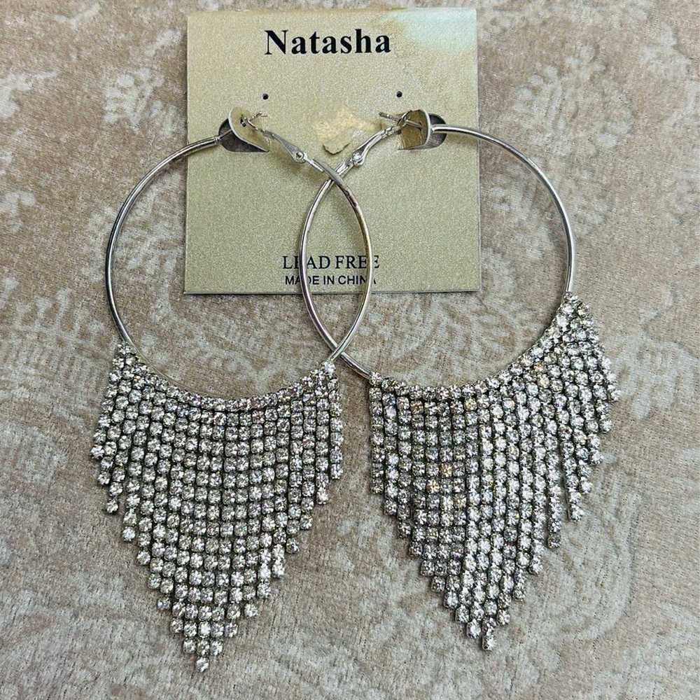 Natasha Silver Tone Hoop Earrings w/ Rhinestone Fringe Waterfall Sparkly Cascade